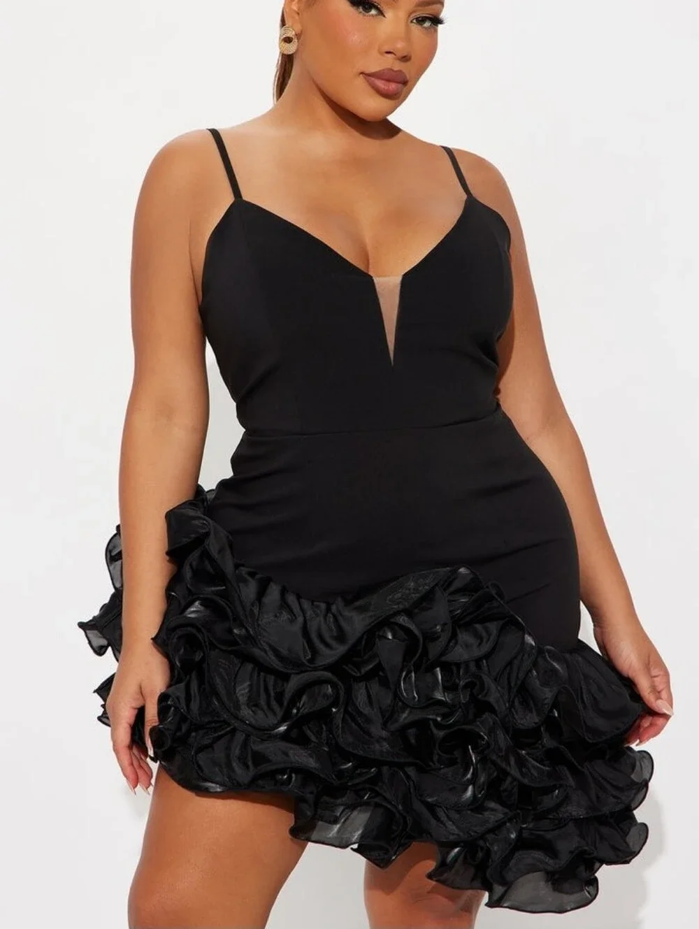 Black Ruffle Hem Spaghetti Strap Mini Dress
